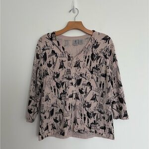 G Knitwear Womens Blouse Top Beige Black Graphic All Over Print Silk Blend